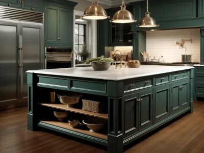 Green Kitchen Cabinets With A Island And Some Glassware