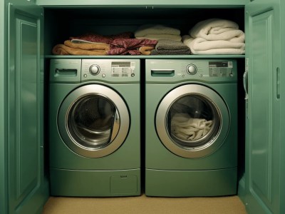 Green Laundry Closet With Two Washers And A Dryer