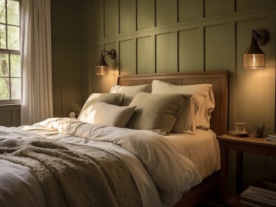 Green Walls And Gray Bedding In White And Brown Bedding