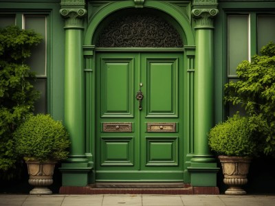 Green Wooden Door With Potted Plants