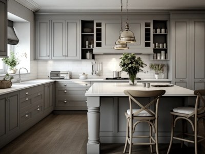 Grey And White Kitchen With Stools