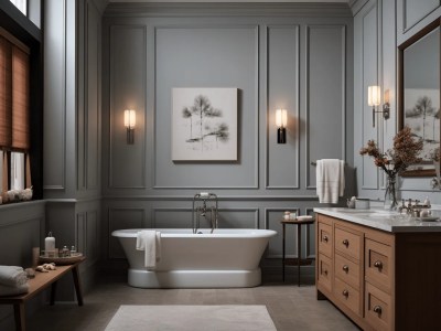 Grey Bathroom With Wooden Floors And A Beautiful Tub