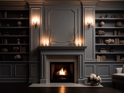 Grey Bookshelf Wall Fireplace Wall With Candles For Living Room