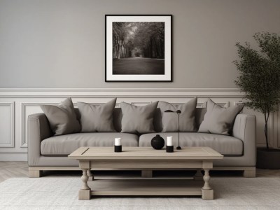 Grey Couch With A Black And White Photo And A Coffee Table