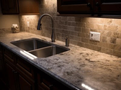 Grey Granite Countertop Sink With Faucet In A Kitchen