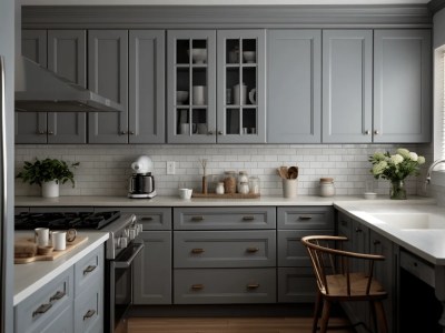 Grey Kitchen Is Surrounded By Wood Cabinets