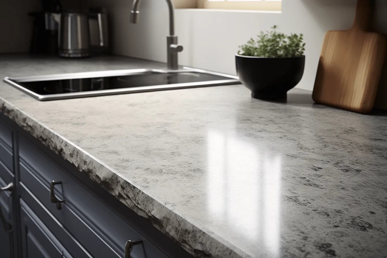 Gleaming & polished concretekitchen countertops  caddie slabs, photorealistic detailing, light silver and dark azure, ornate detailing, close-up intensity, subtle lighting, suburban ennui capturer, exquisite detailing