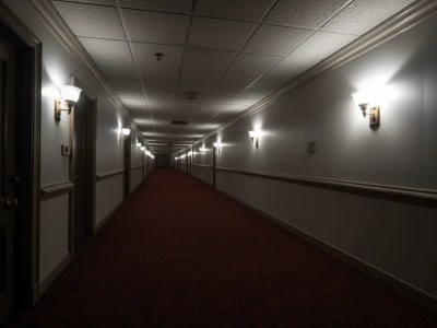 Hallway Has Red Carpet And White Light Bulbs