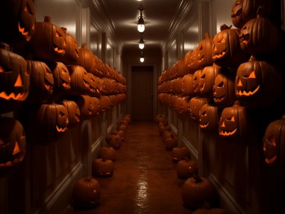 Hallway Lined With Carved Pumpkins And Lighted Walls At Night