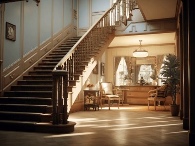 Hallway With Two Wooden Stairs And A Table