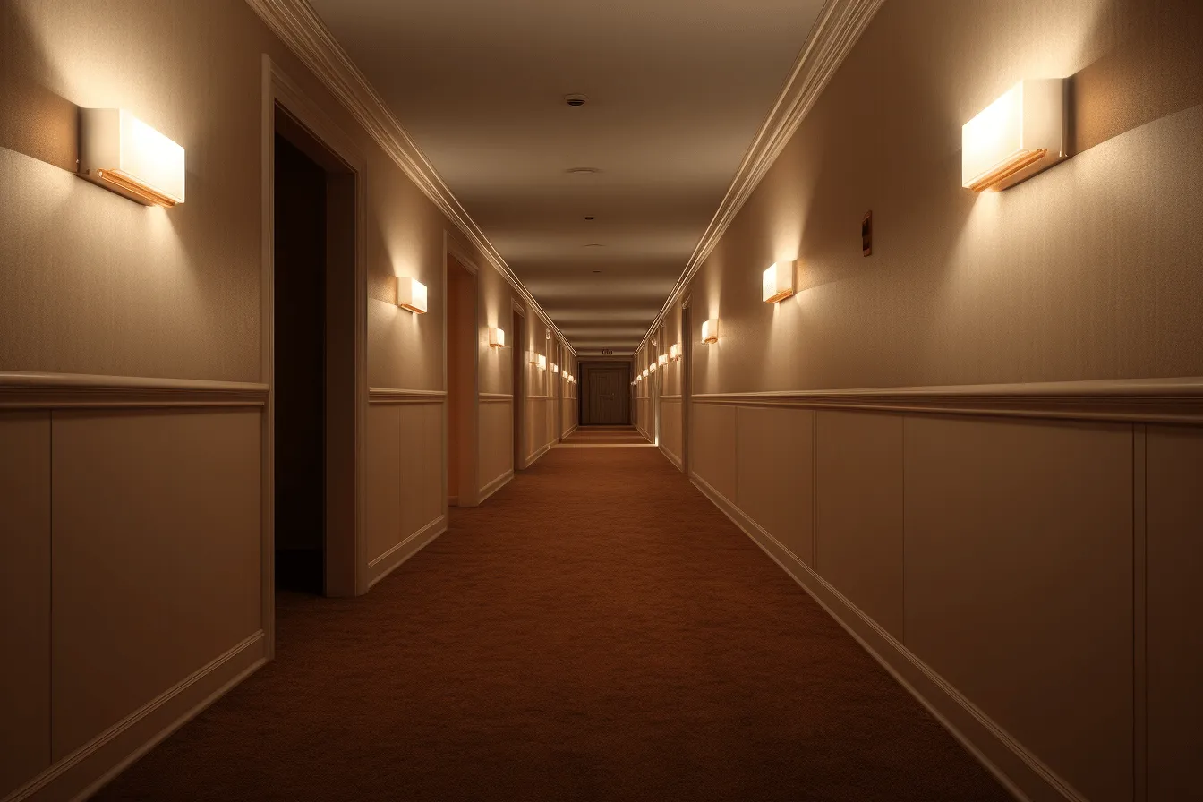 Nice looking hallway hallway lighted hallways, photo-realistic hyperbole, light orange and dark beige, creepypasta, hallyu, flattering lighting, high definition, realistic landscapes with soft edges