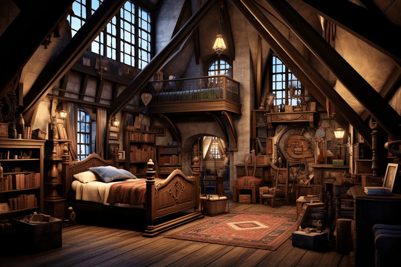 Old wooden room in an old house, realistic and hyper-detailed renderings, storybook-like, precise nautical detail, fairytale-inspired, solarizing master, made of wrought iron, havencore