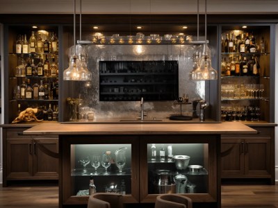 Home Bar With Wooden Cabinets And Glass Displays