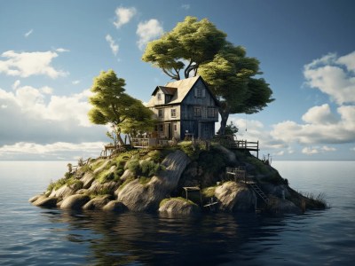 House On A Mini Island In The Ocean