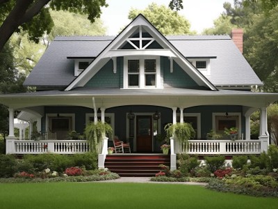 House With Porch And Yard In Green Shade