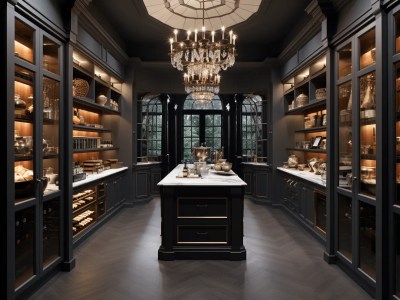 Huge Closet With Chandelier And Dark Cabinets