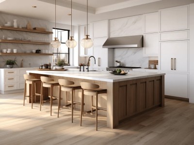 Illustration Of A Kitchen Design With A White Island And Walnut Bar Stools