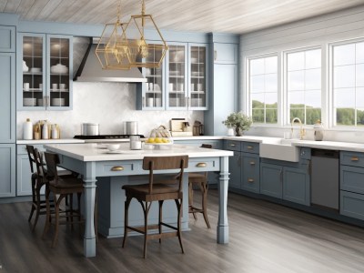 Image Of A Blue Kitchen With Wooden Floors And Gold Elements