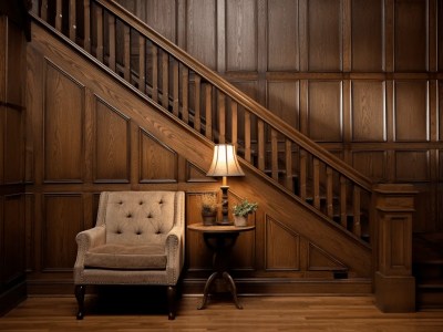 Image Of A Chair In Front Of Wood Panels And Near Stairs