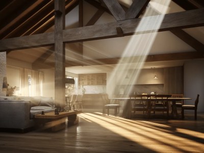 Image Of A House With Bright Sunlight Shining Through Timber Windows