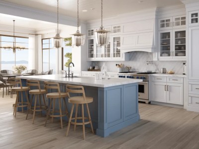 Image Of A Kitchen With A Counter, Islands, Hardwood Floors And Blue Cabinets