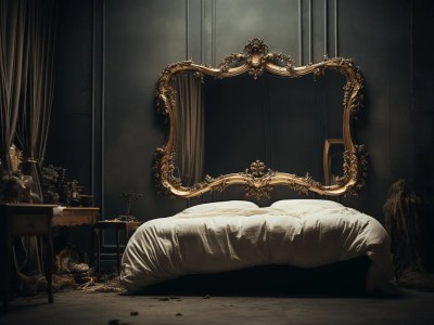 Image Of An Antique Bed And Mirror In A Dark, Oldstyle Bedroom