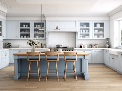 Image Of An Island Kitchen With Blue Cabinets