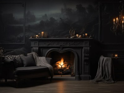 Image Of Dark Black Room With Candles And Fire Place