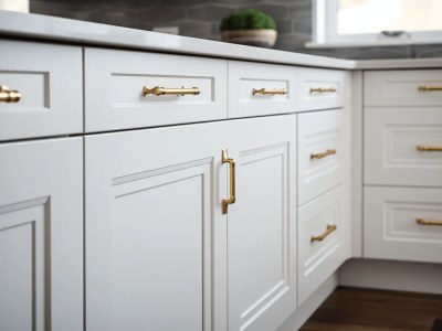 Image Of White Kitchen Cabinets, With Brass Handles