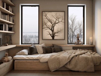 Image Of Windows With Bookshelves Near A Wooden Bed