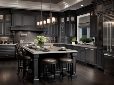 Image Showing A Large Gray Kitchen With Black Cabinets