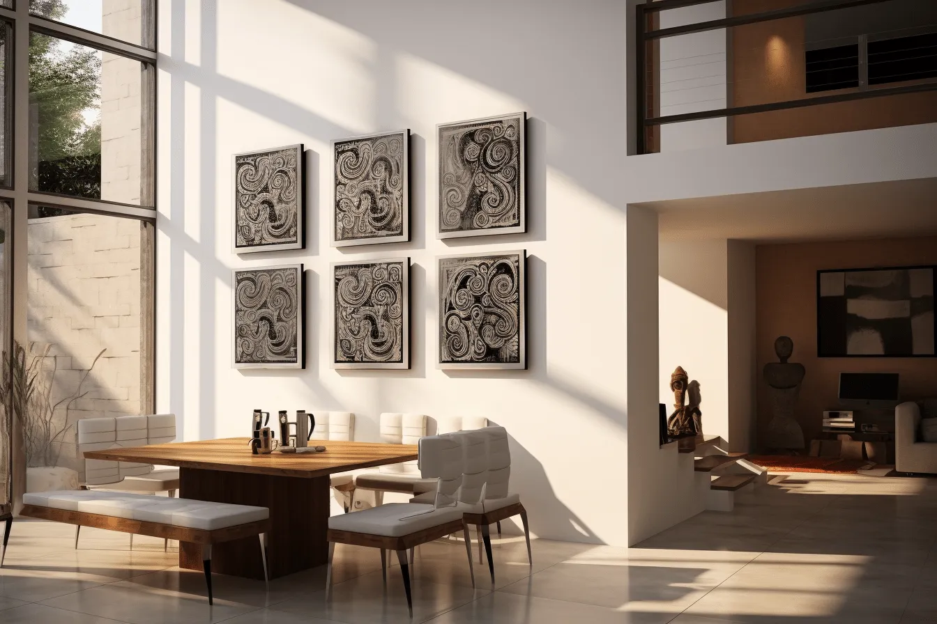 Dining room table and chairs outside of it with paintings, ambient occlusion, dayak art, relief, spirals, high contrast lighting, precisionist lines, shaped canvases