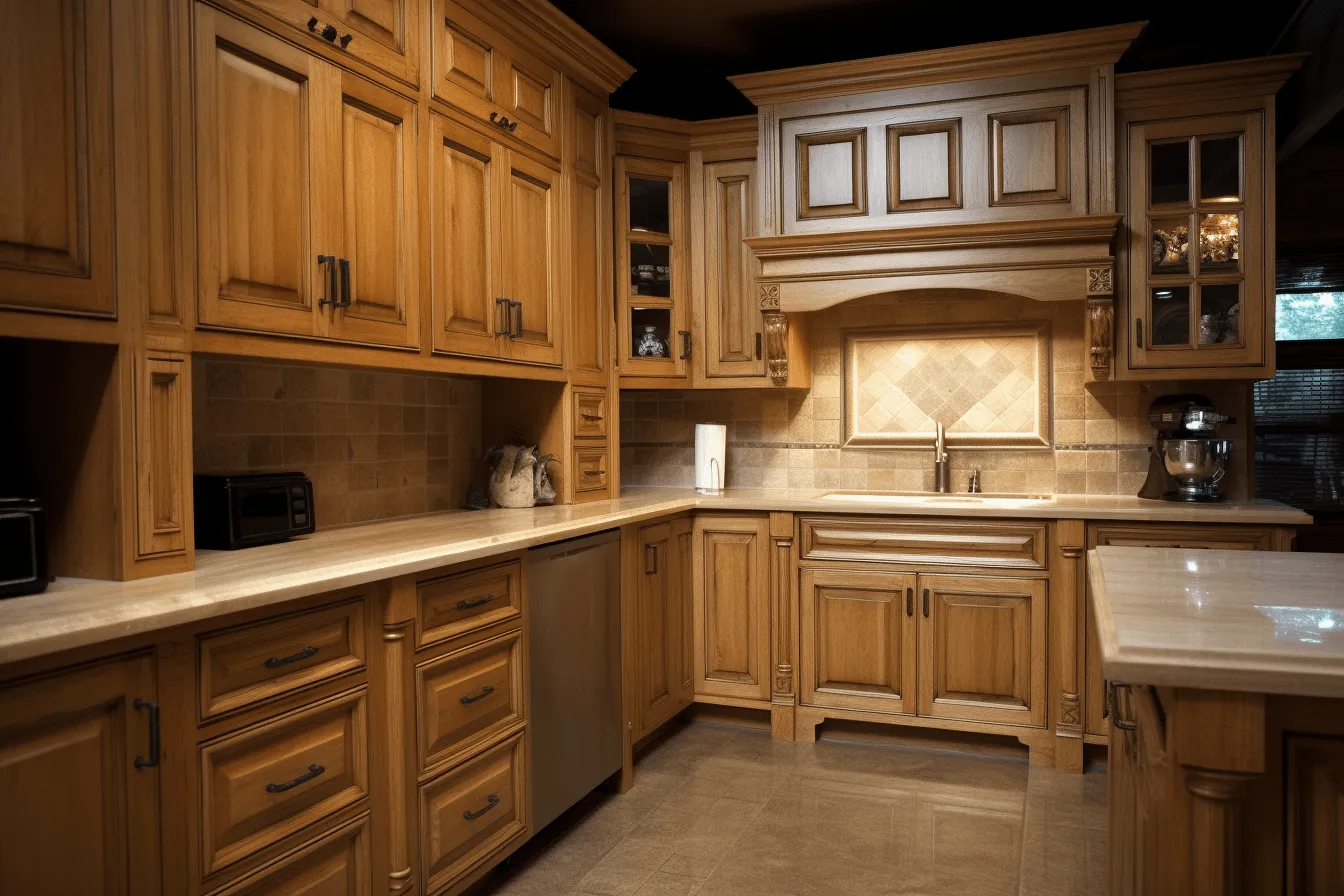 Beautiful kitchen with wooden cabinets, highly detailed, washed-out, highly textured, wood, classic, packed with hidden details, raw versus finished