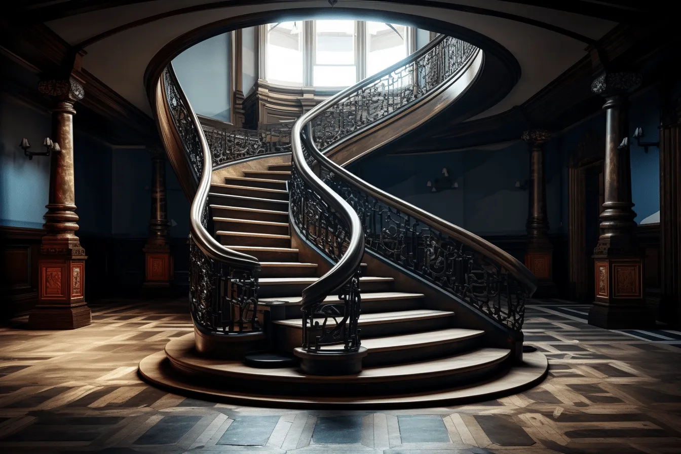 Elaborate spiral staircase in a hallway, vray tracing, gothic dark and ornate