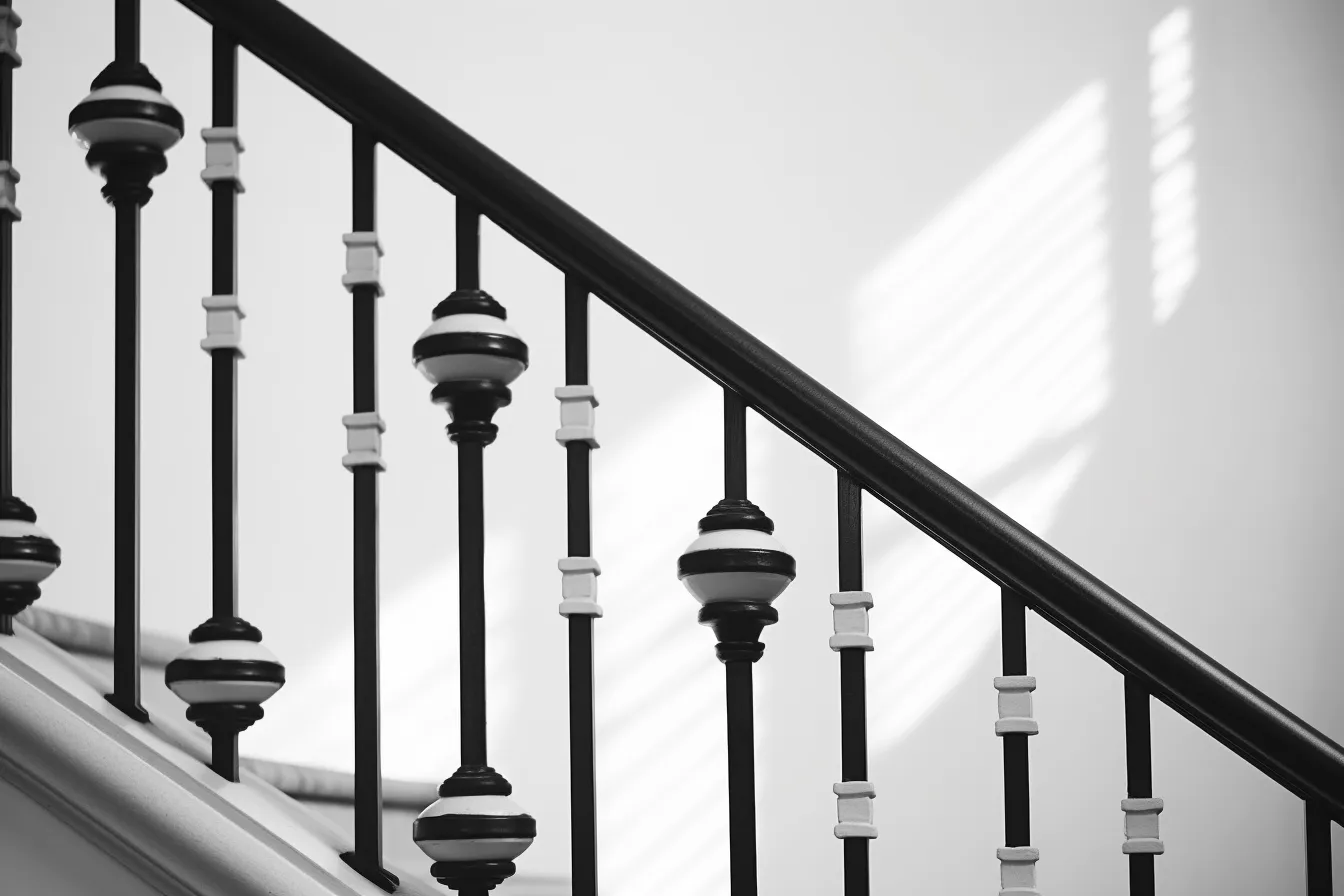 Black and white shot of a stair railing, light white and dark bronze, bryce 3d, biedermeier, 19th century style, oriental minimalism, vibrant airy scenes