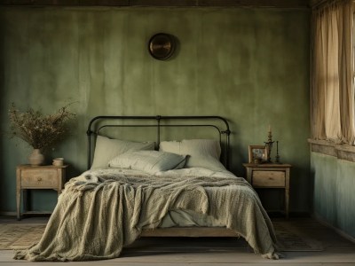 In Love With Rustic Bedroom, Reclaimed Wood Bed, Metal Framed Bedside Tables, Painted Green Walls