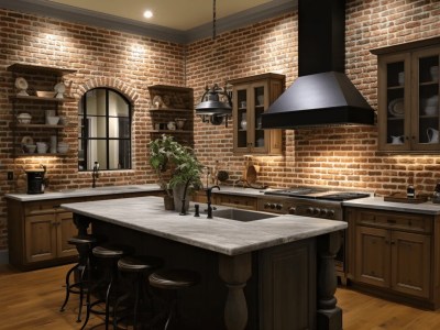 Industrial Kitchen With An Island, Hood, And Brick