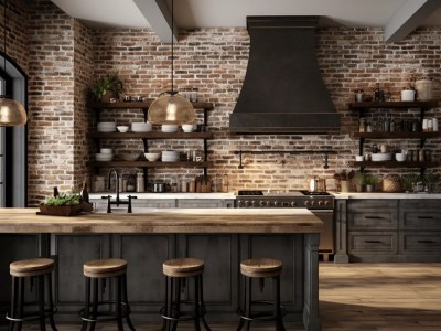 Industrial Style Kitchen With Brick Walls And Wooden Stools