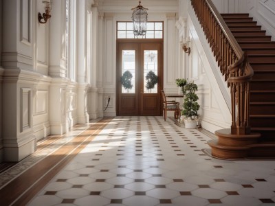 Interior Hallway With An Old Staircase And Ornate Floor