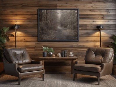 Interior, Including Two Black Chair, A Coffee Table, And A Picture Of A Wooded Path