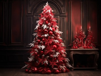 Intricately Decorated Red Christmas Tree And Mirror In A Dark Space