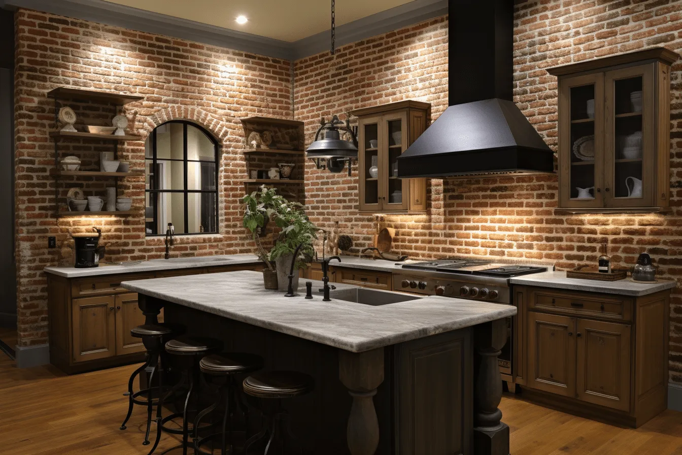 Impressive kitchen looks to the brick wall, photorealistic detailing, dark bronze, traditional techniques reimagined, southern gothic-inspired, photorealistic details, rounded, whistlerian