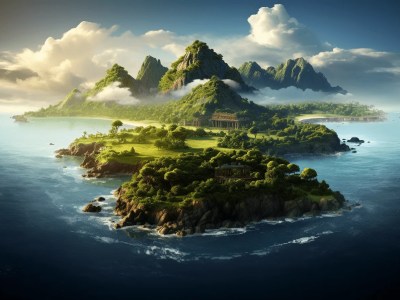 Island Fantasy Island, Surrounded By Sea And Mountain With White And Dark Striped Buildings And Trees As Mountain Background