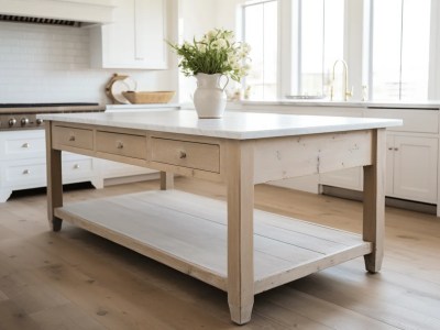 Island With White Wooden Top And White Sink