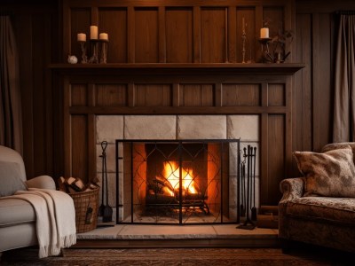 It Is A Fireplace In A Room With Wooden Walls