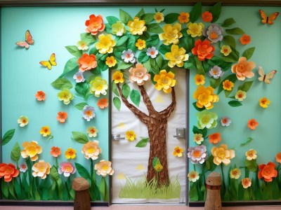 Kindergarten Hallway Has A Flower Tree On An Artistic Wooden Door