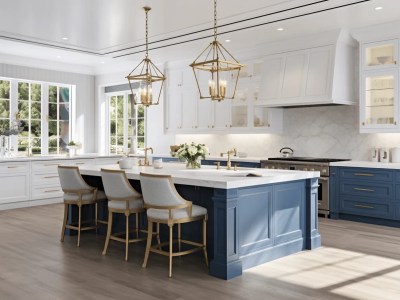 Kitchen  3D Rendering Of An Elegant, Blue Kitchen With Gold Hardware