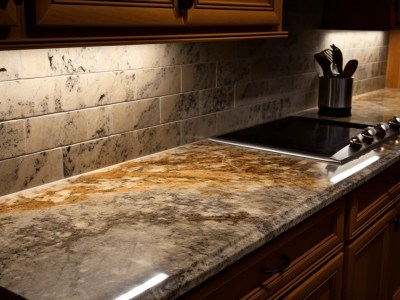 Kitchen Counter With A Stove Lighting Fixtures At The Stove