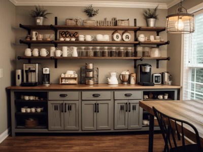 Kitchen Countertop Is Surrounded By Coffee Cups And Pots