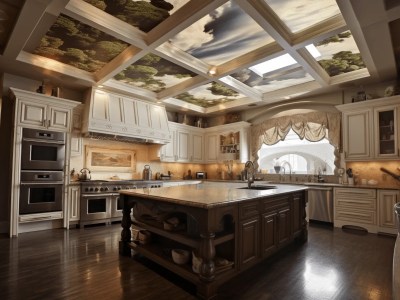 Kitchen Features An Expansive Ceiling That Has A Painted Mural